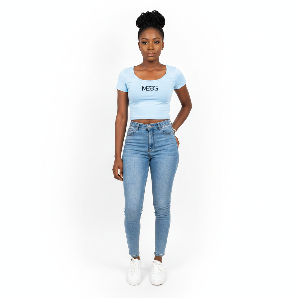 MEAG Baby Blue Cropped Scoop Neck Tee – Model Shot