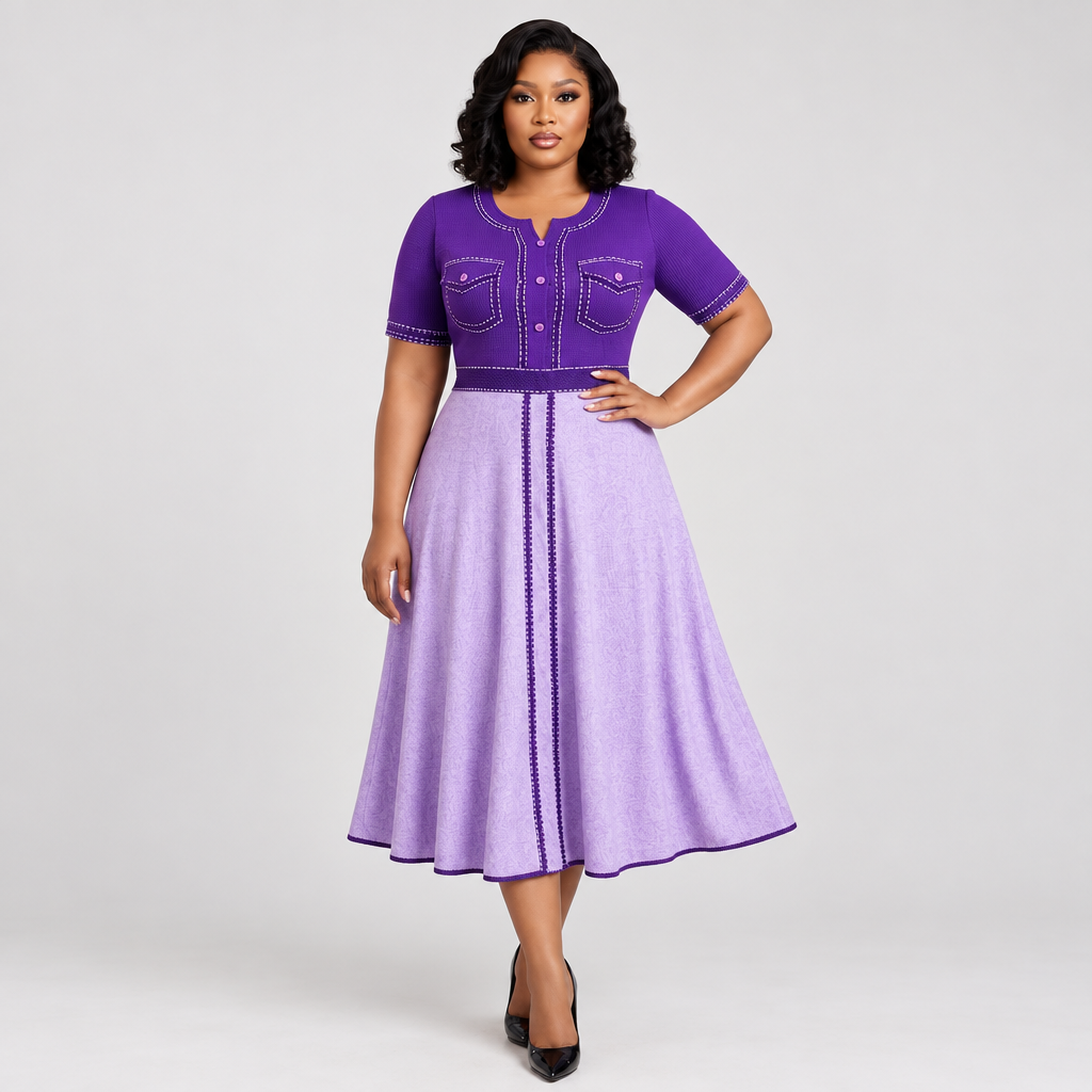 Model wearing purple and lavender gown
