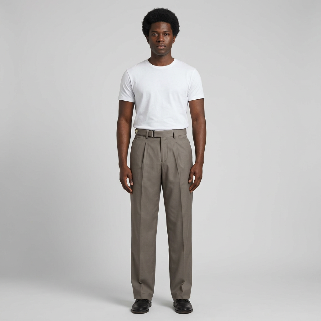 Full-body male model wearing grey waist-strap pleated trousers