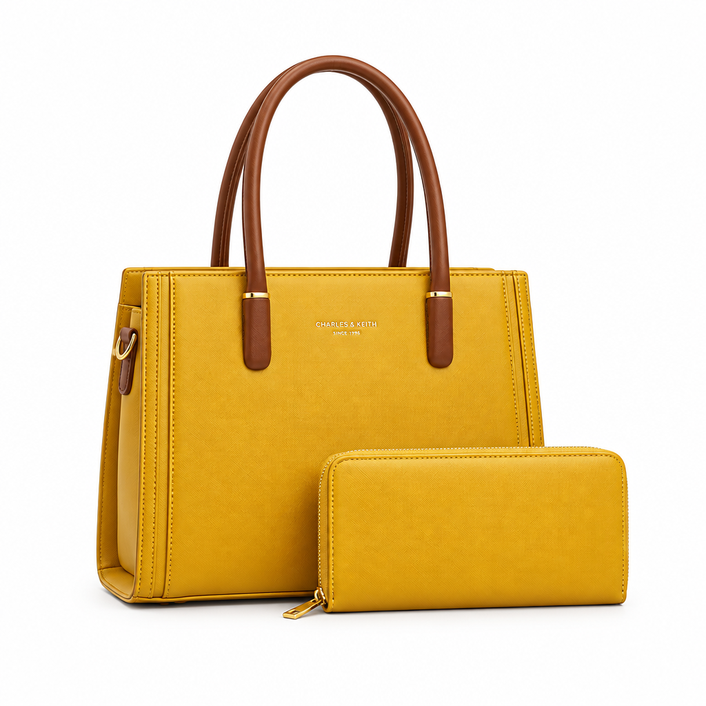 Mustard yellow tote with brown handles and matching wallet