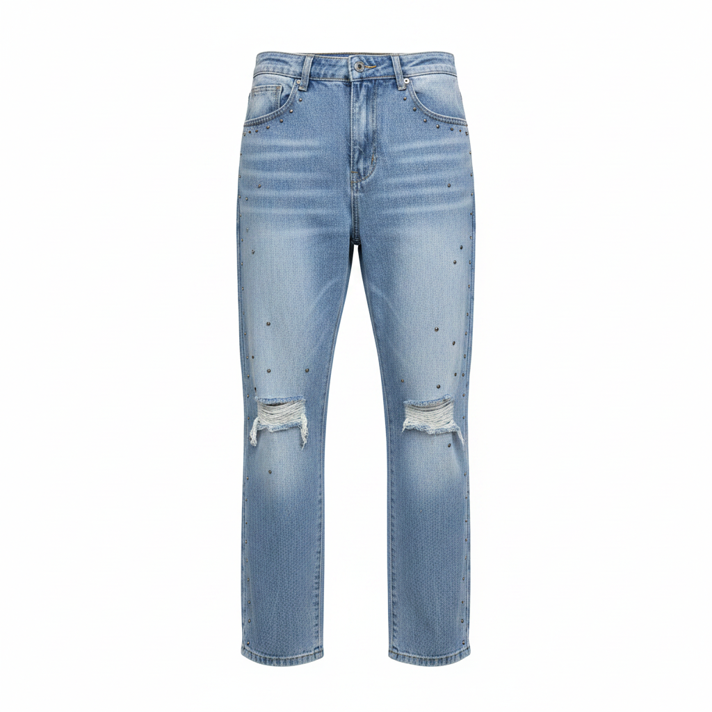 Men's light blue dark rhinestone stud distressed denim jeans ghost mannequin front view