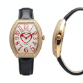 Women's gold full diamond bezel red numeral open heart outline dial tonneau watch — ghost mannequin front and side view, black leather strap