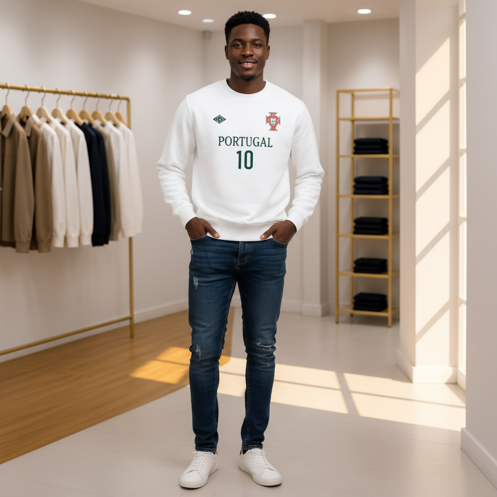 Portugal #10 White Crew-Neck Sweatshirt – Model Shot
