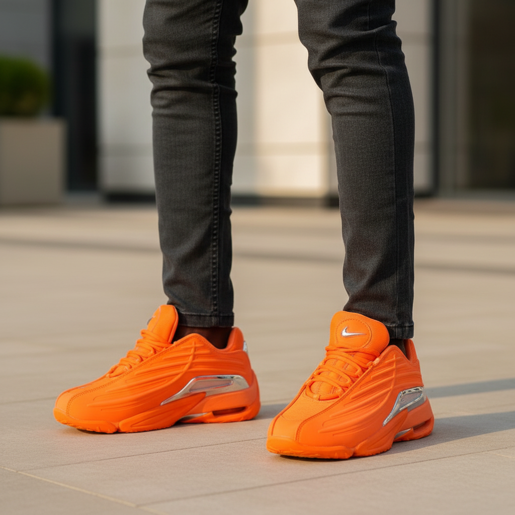 Nigerian male model wearing Nike Hot Step 2 all-orange chrome heel sneakers, tight zoomed-in bold streetwear leg focus lifestyle shot