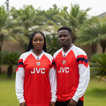 Nigerian female and male models wearing the red and white V-neck long-sleeve retro football jersey