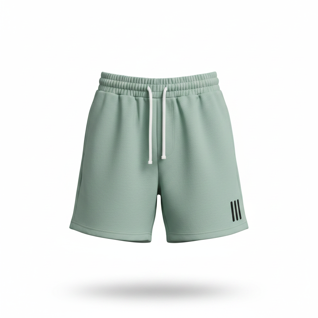Ghost mannequin front view of sage mint green fleece drawstring shorts with triple stripe logo detail on lower leg