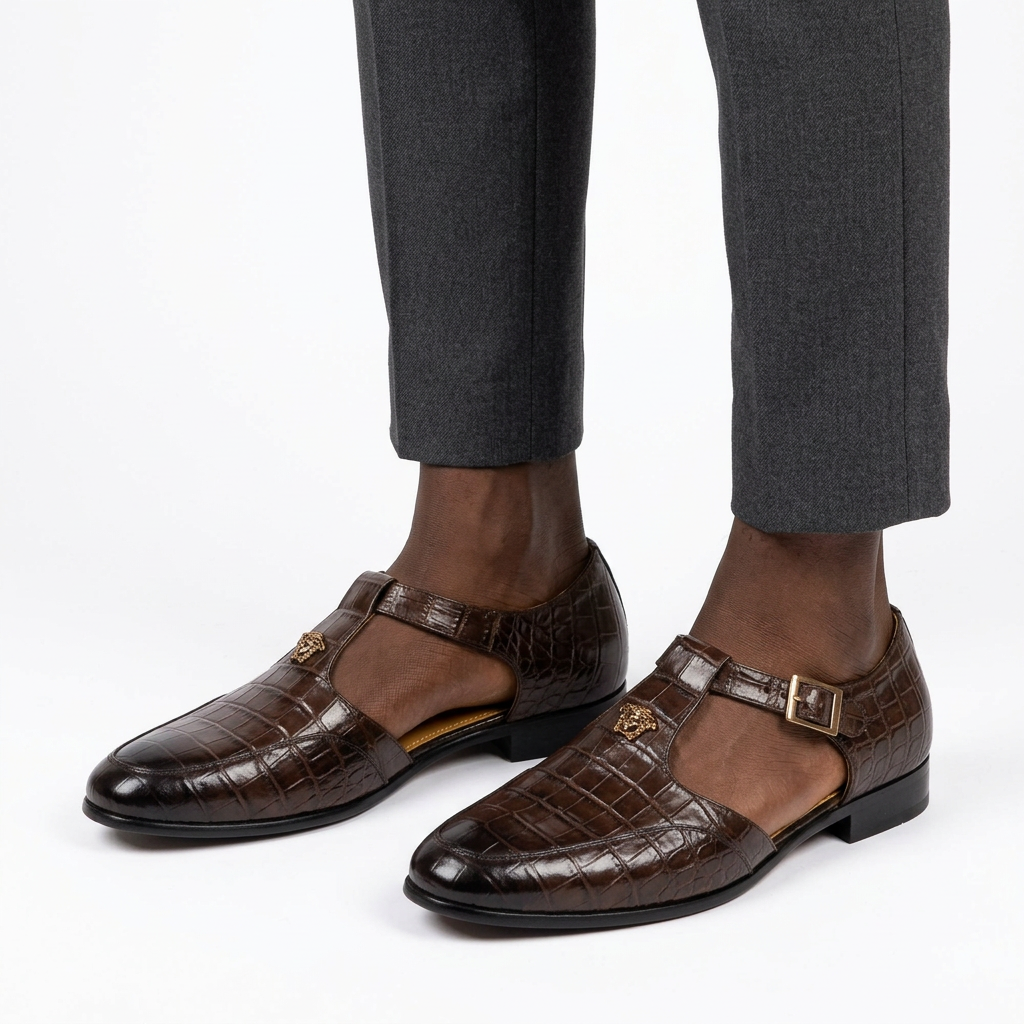 Both brown croc-embossed cutout shoes worn with charcoal trousers on white