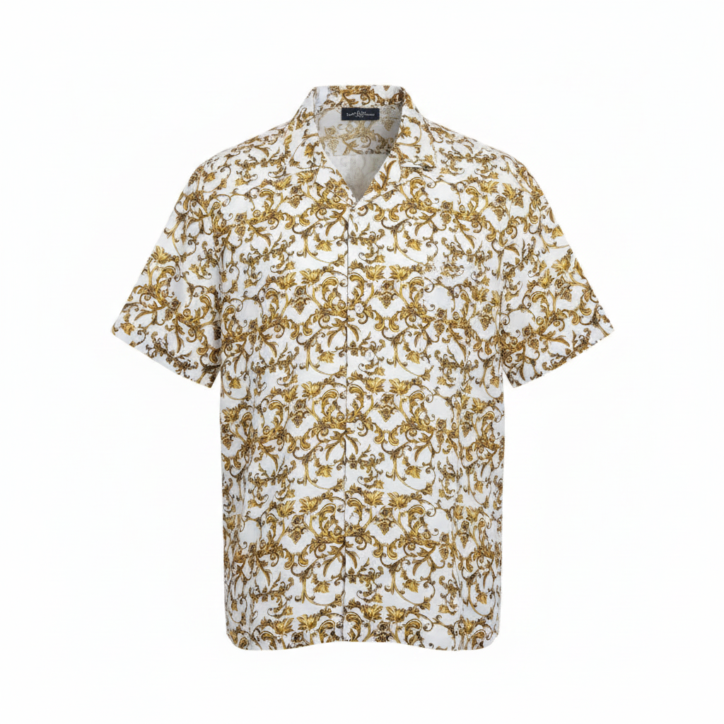 Ghost mannequin front view of white gold baroque print short-sleeved shirt