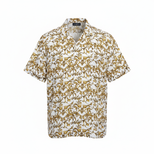 Ghost mannequin front view of white gold baroque print short-sleeved shirt