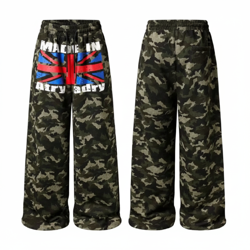 Men's camouflage flag graphic wide-leg sweatpants – ghost mannequin front view