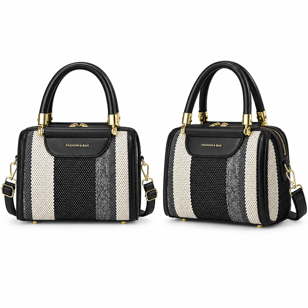 Black, grey and ivory woven-look satchel shown from front and angled side