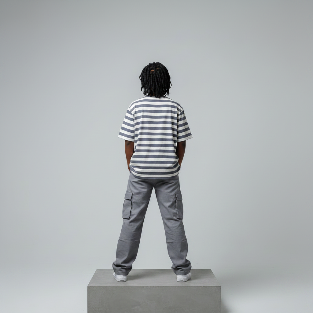 Nigerian female model back view wearing grey white striped T-shirt - consistent model