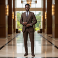 Nigerian male model wearing chocolate brown 3-piece suit