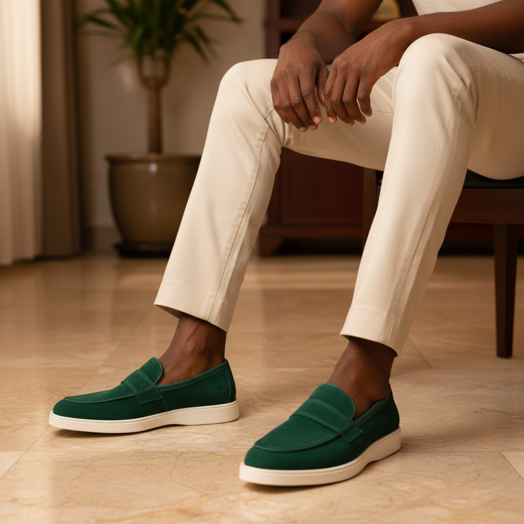 Emerald Green Suede Penny Loafer - Model Shot