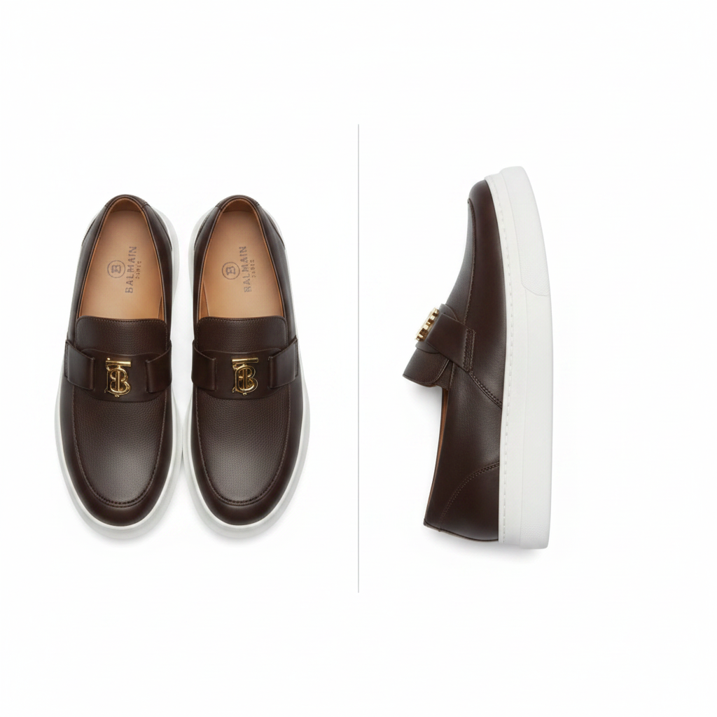 Men's dark brown leather slip-on loafer sneaker with gold monogram hardware ghost mannequin front and side view pair