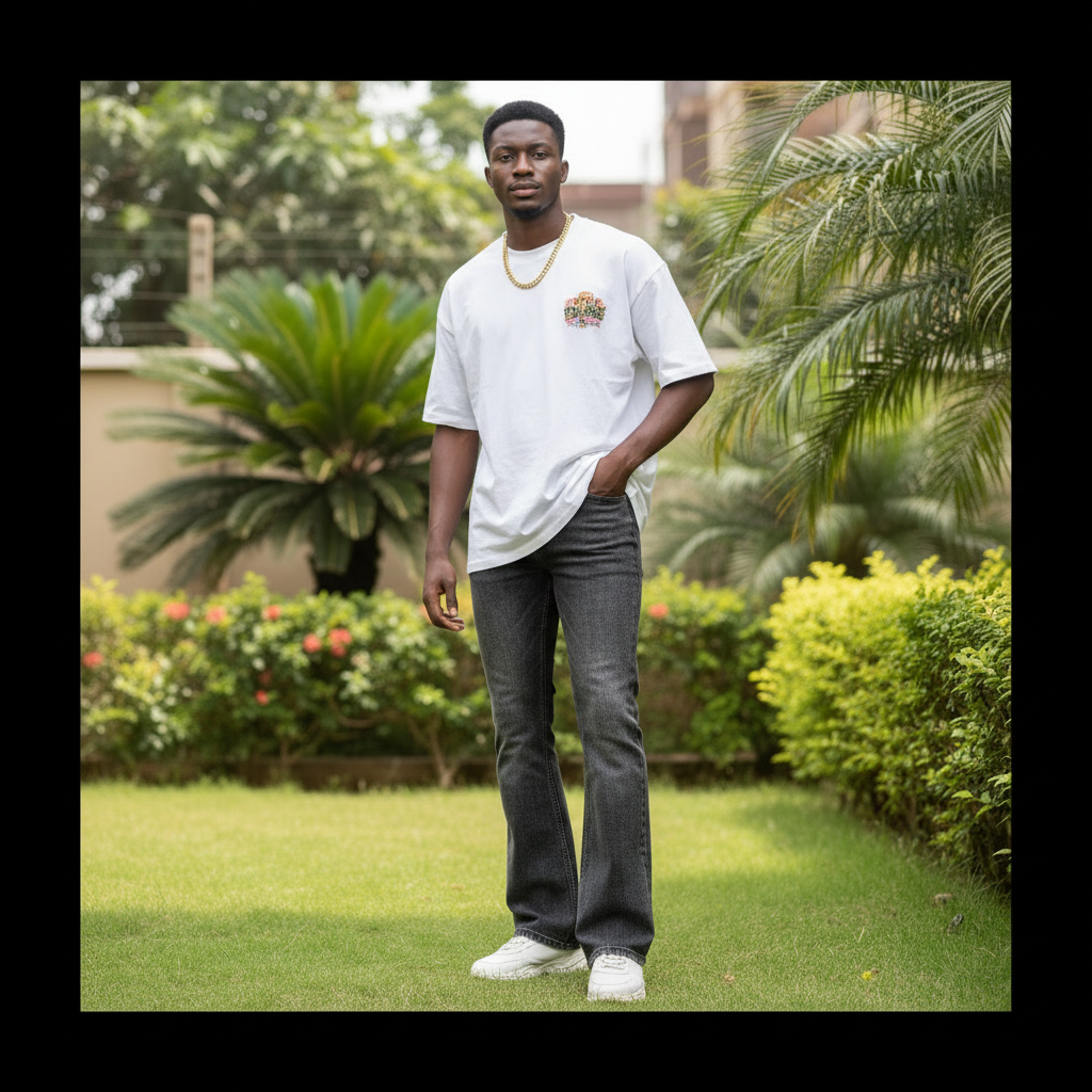 Gen Z Nigerian male model wearing dark grey washed flared bootcut denim jeans with oversized white tee and chunky sneakers