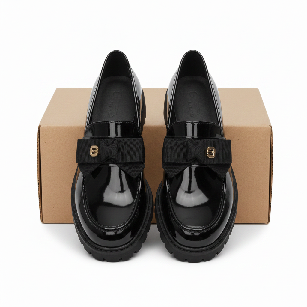 Women's Patent Leather Bow-Detail Chunky Platform Loafer - Front View on Carton Box