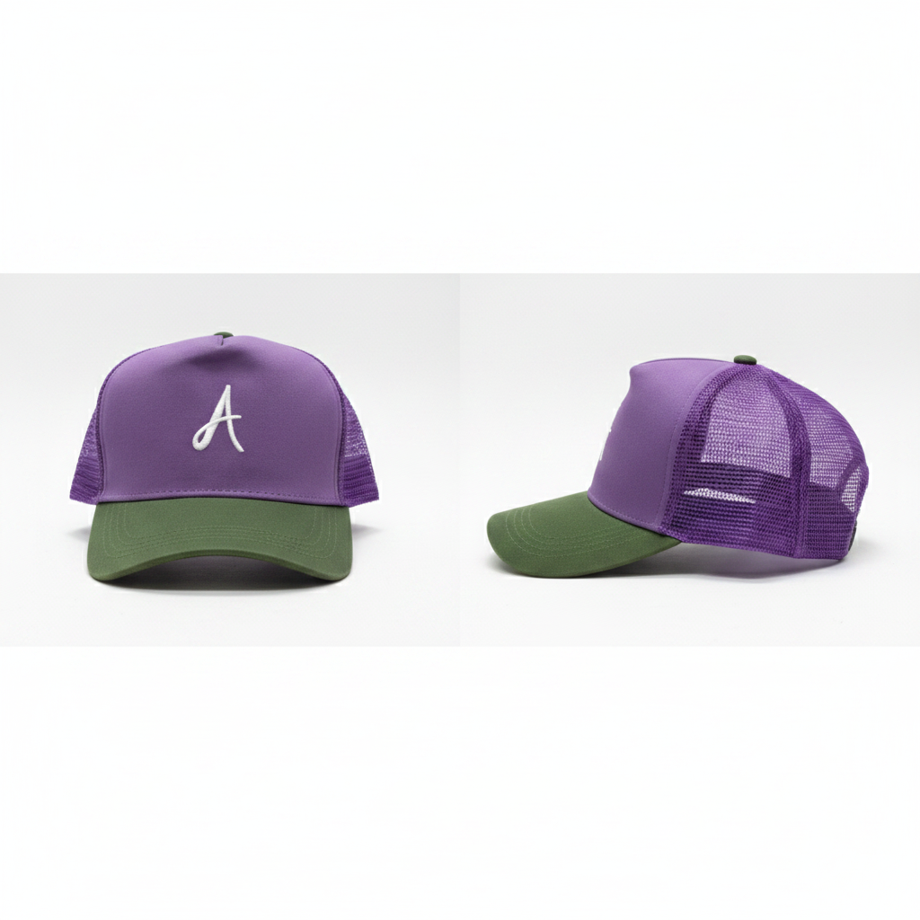 Purple and olive green A script trucker cap – ghost mannequin front and side view