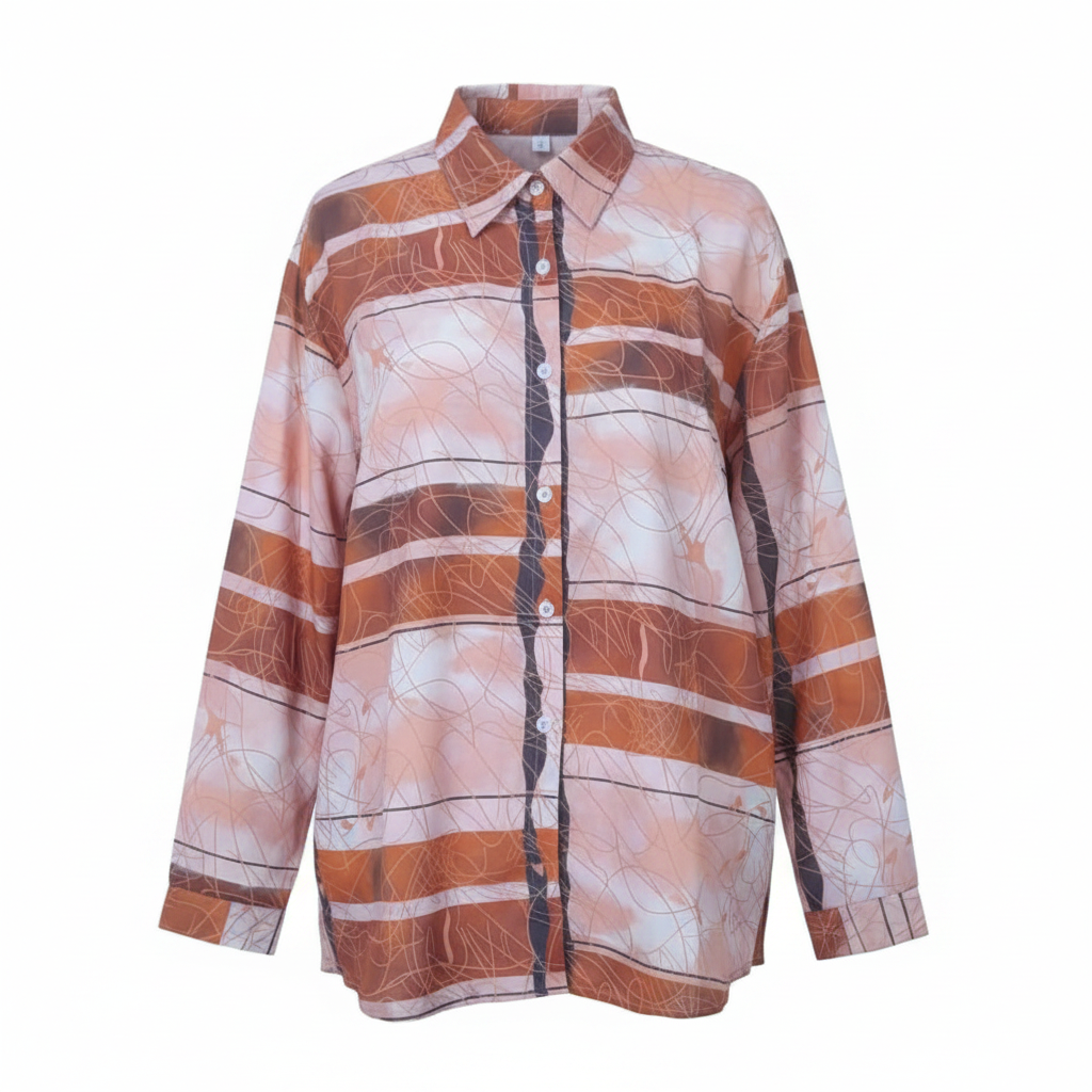 Women's rust orange abstract stripe swirl print long-sleeve button-down shirt - ghost mannequin front view