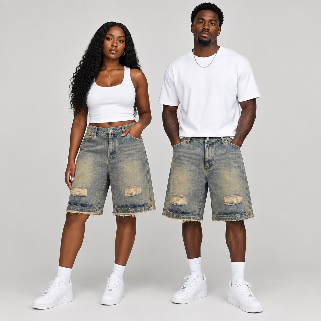 Woman and man wearing longer faded grey-blue distressed denim shorts together