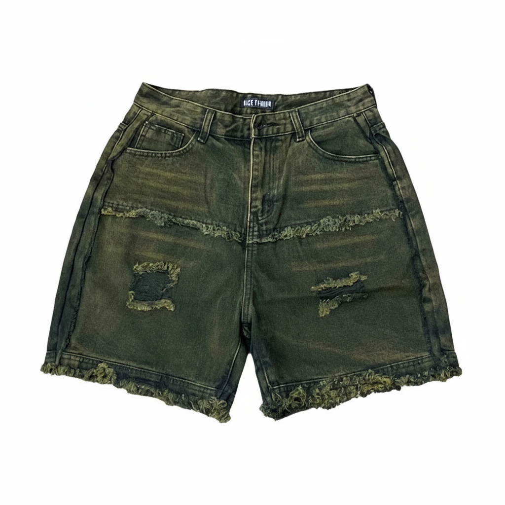 Ghost mannequin front view of olive green acid wash heavily distressed denim shorts with frayed raw hem