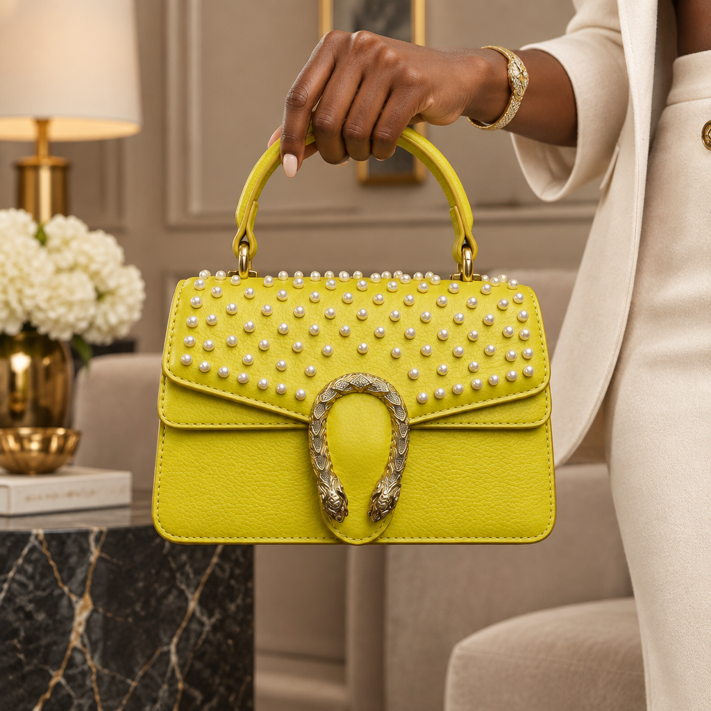 Black Nigerian woman’s hand presenting a lime pearl-embellished structured handbag