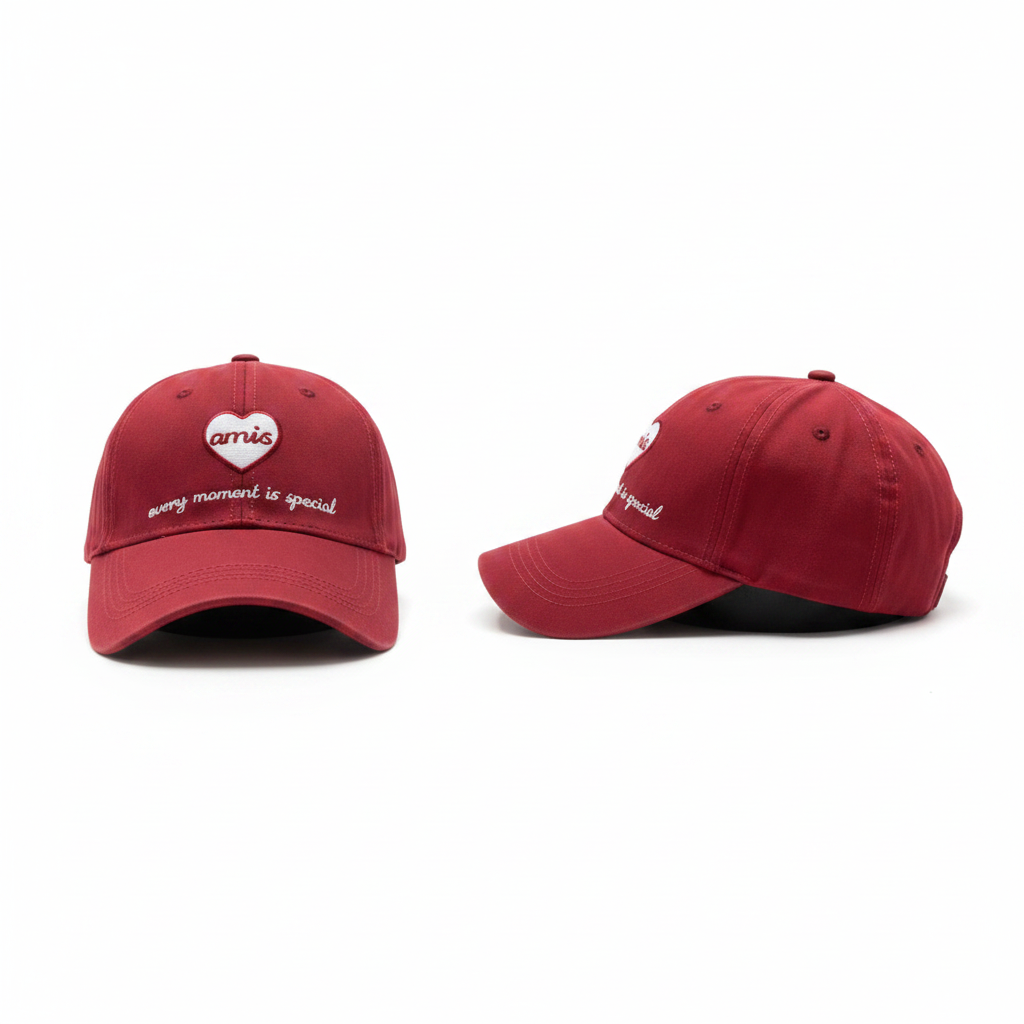 Red amis heart embroidered dad cap ghost mannequin front and side view