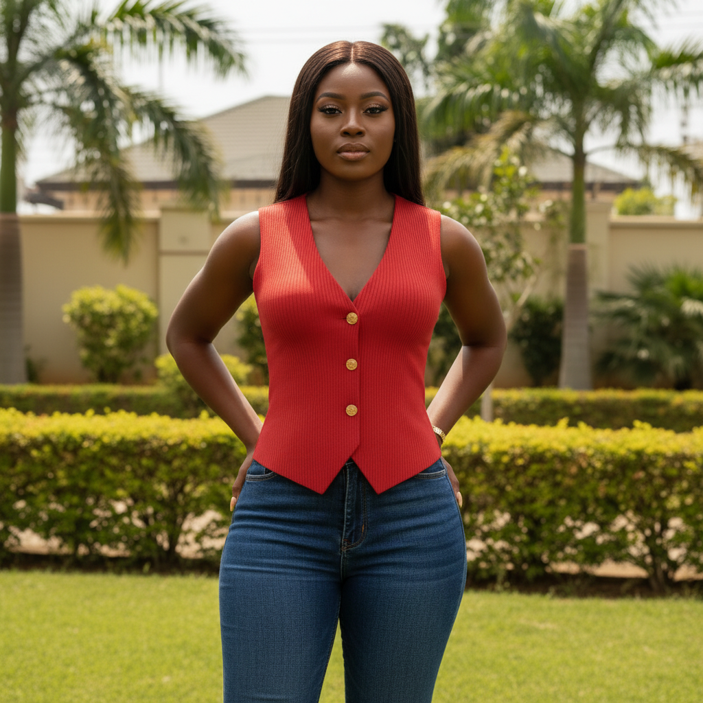 Red ribbed gold button vest top - front model view