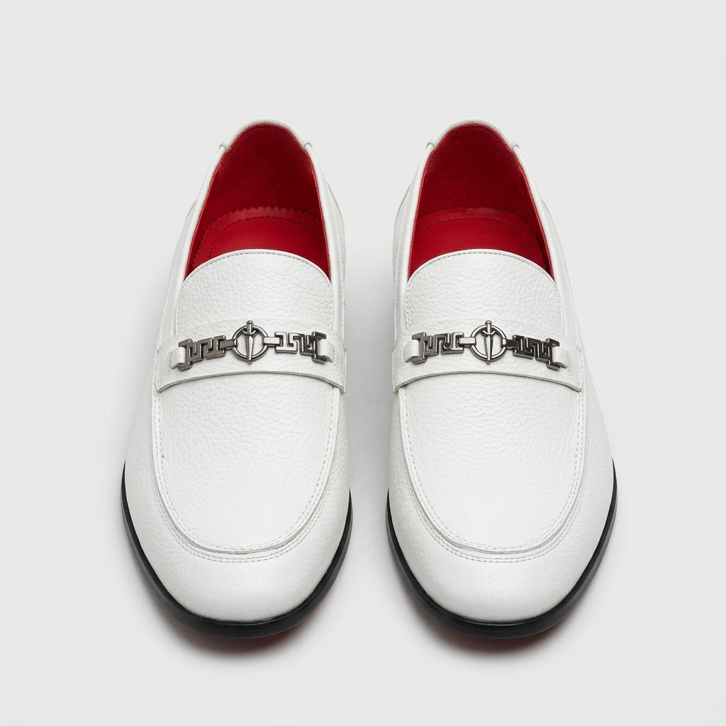 Men's white buckle-detail slip-on loafers, straight-on view of the pair