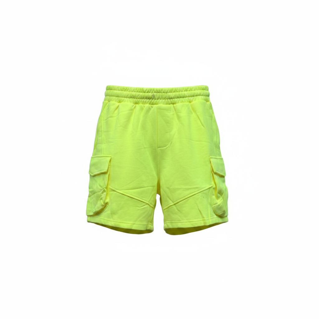 Men's neon electric yellow volt green utility cargo sweat shorts — ghost mannequin front view