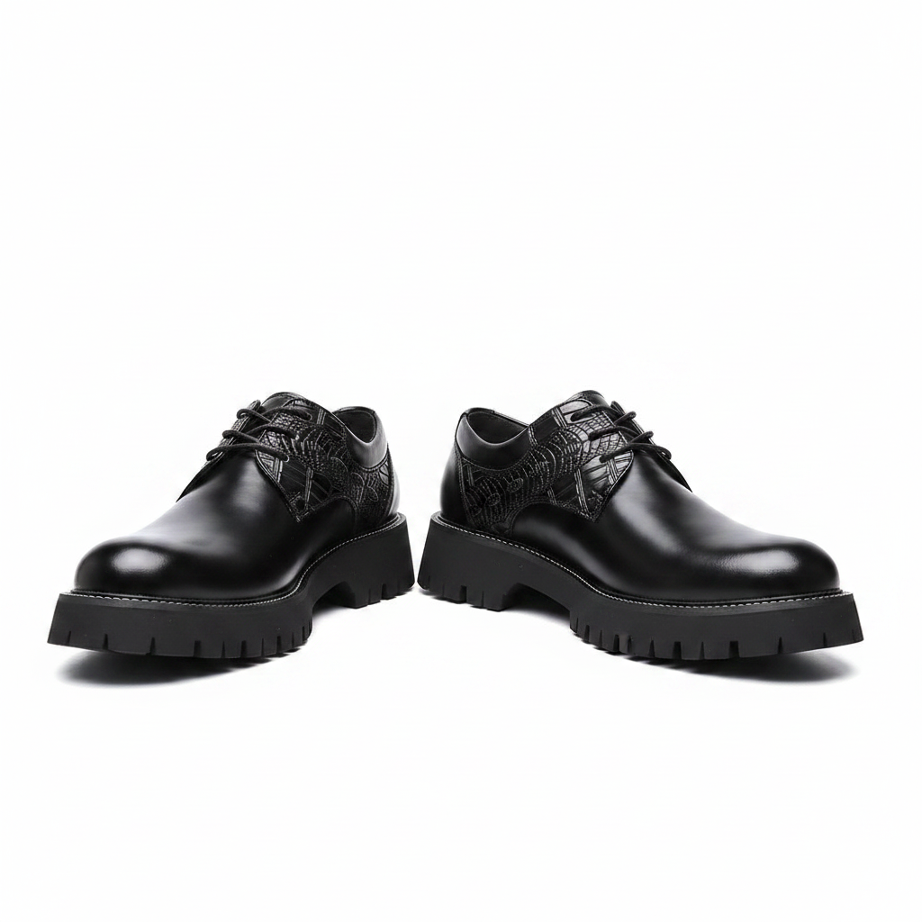 Men's black croc-embossed Oxford shoe ghost mannequin pair front view