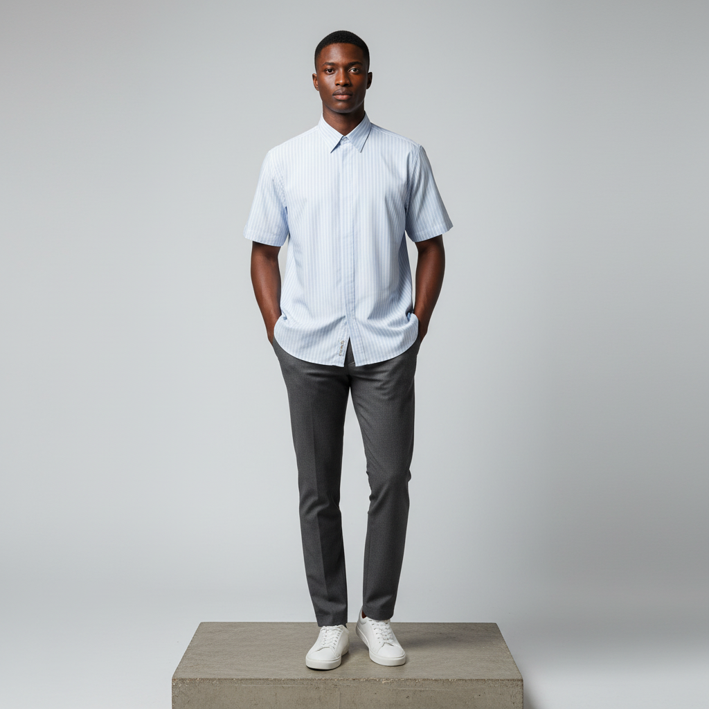 Nigerian male model wearing light blue multi-stripe short-sleeved shirt