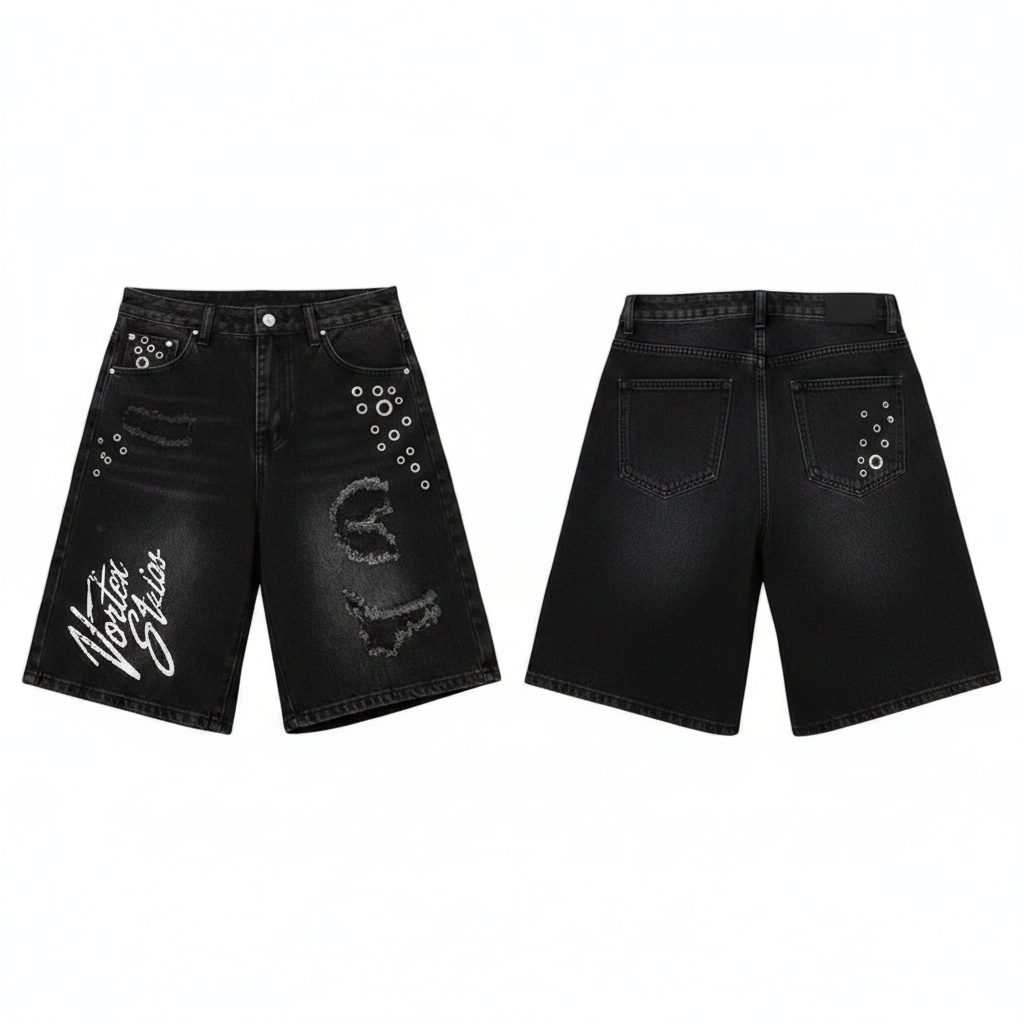Men's black gothic script rhinestone stud denim shorts ghost mannequin front and back view
