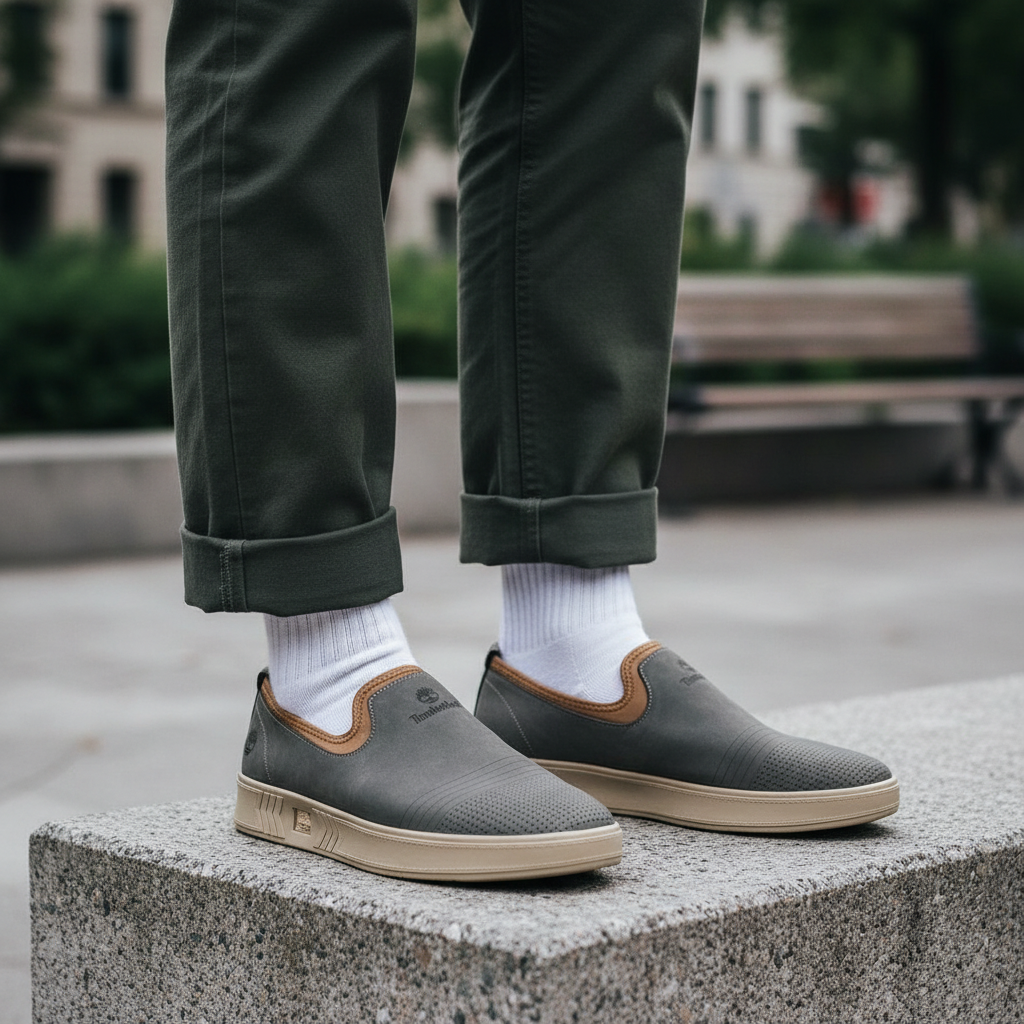 Model wearing slate grey nubuck leather slip-on sneakers with tan collar trim leg shot
