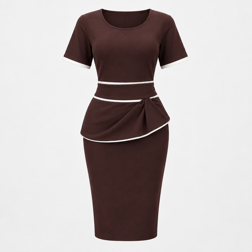 Dark brown short sleeve dress with white piping and angled wrap peplum
