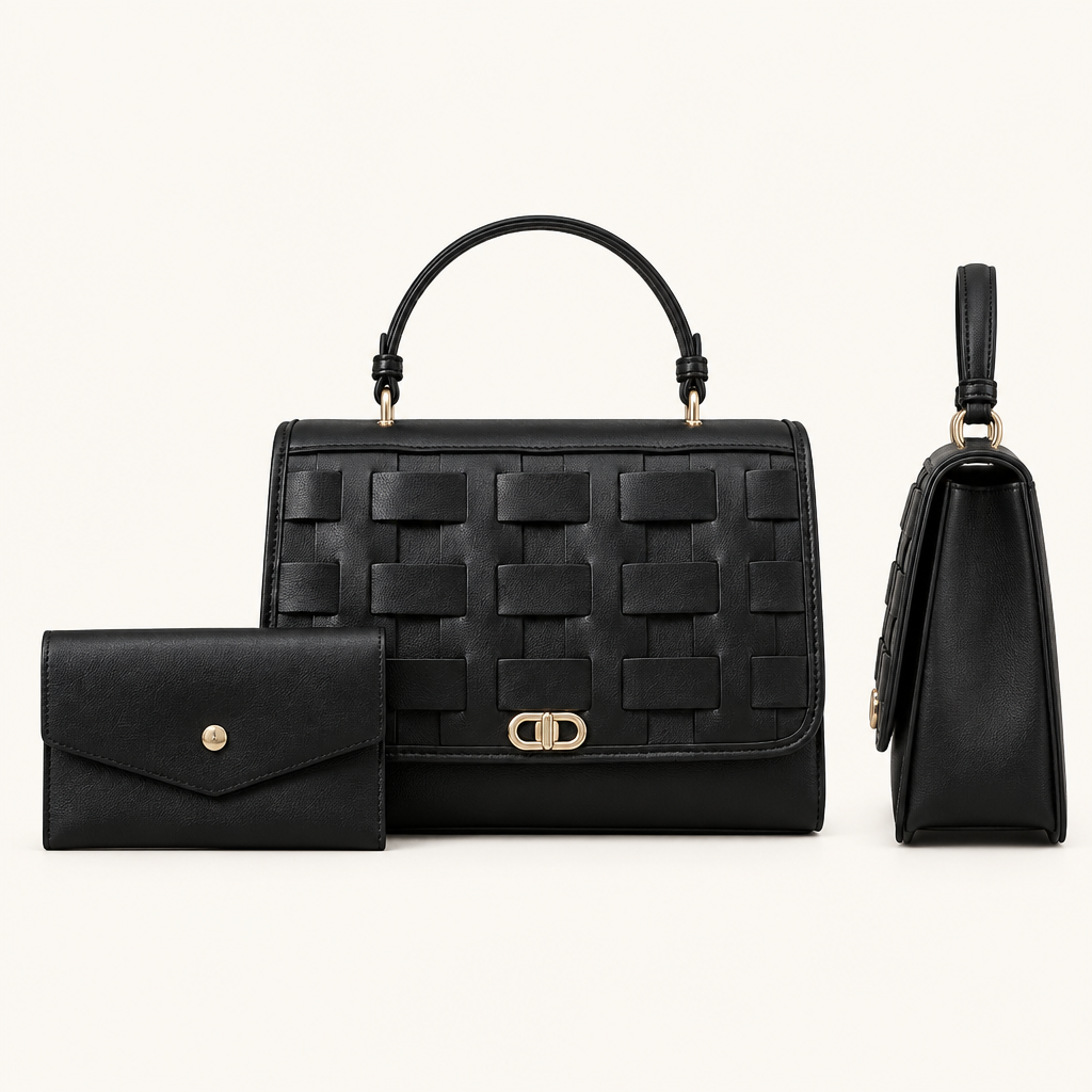 Black woven-panel structured handbag with matching envelope pouch, front and side views