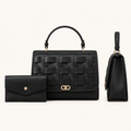 Black woven-panel structured handbag with matching envelope pouch, front and side views