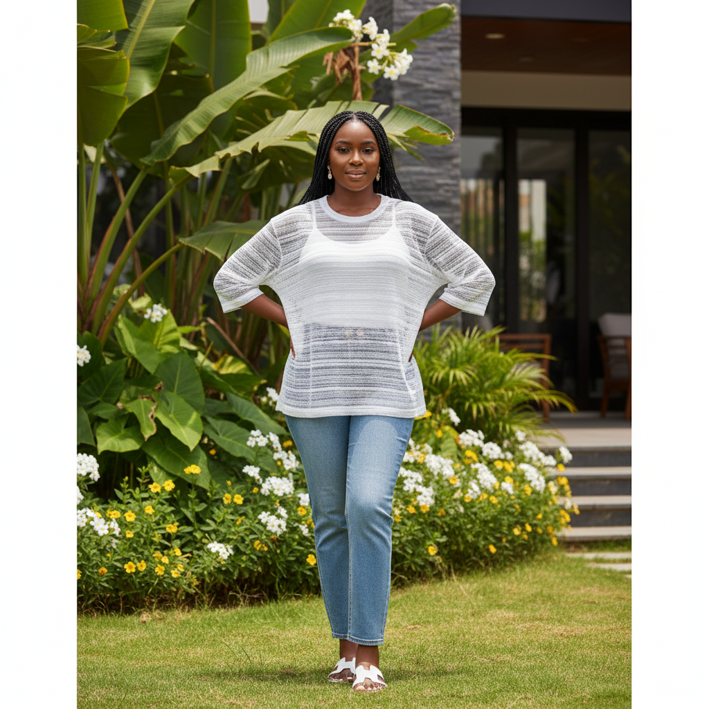 Women's White Sheer Mesh Top — Model Shot