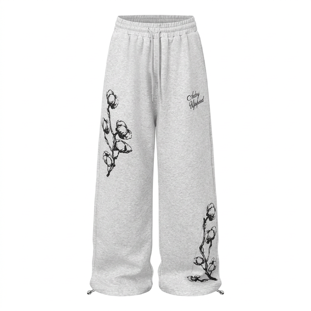 Light-grey wide-leg drawstring trousers with contrasting black floral graphics