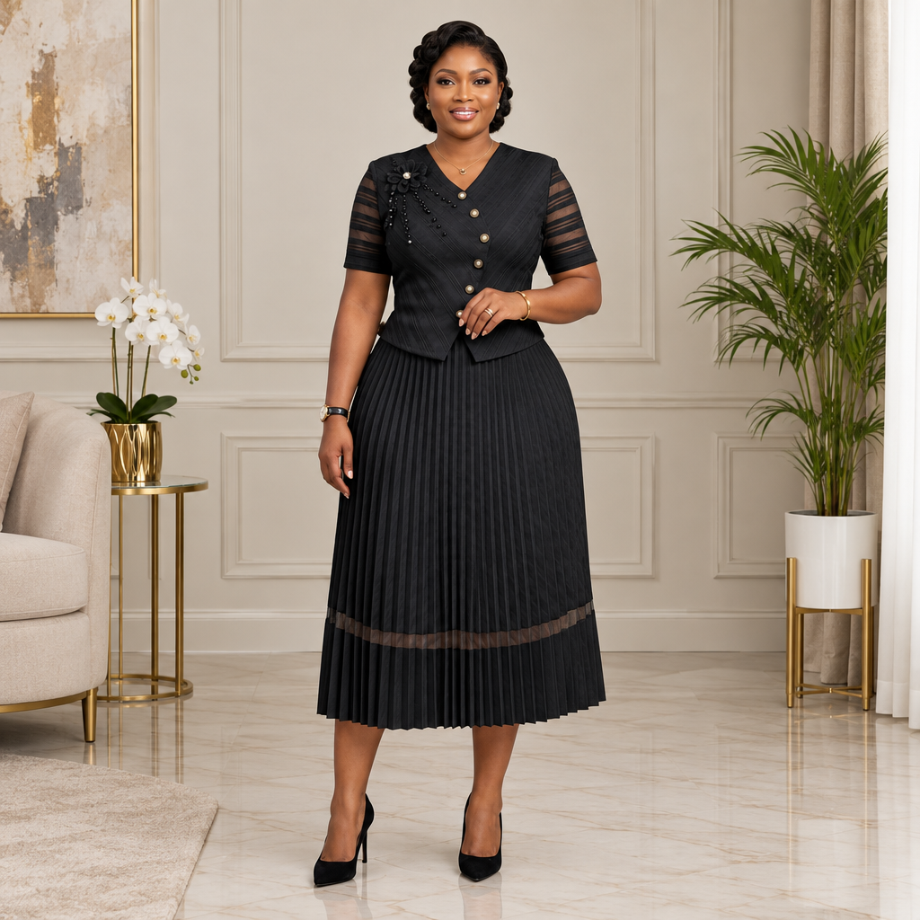 Adult Black woman wearing a black V-neck pleated dress