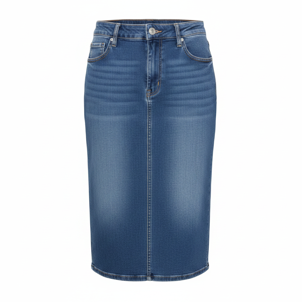 Blue Faded Wash Midi Pencil Denim Skirt - Ghost Mannequin Front