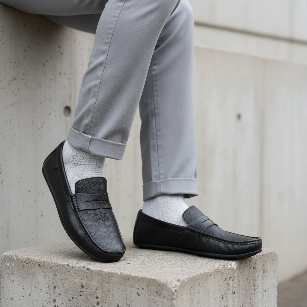 Nigerian male model leg focus shot wearing black pebbled leather penny loafers