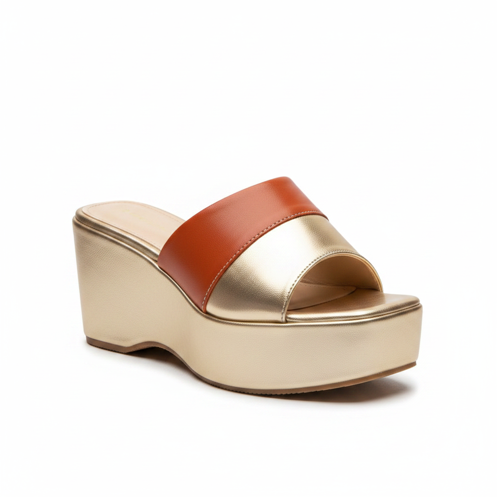 Women's Colour-Block Wedge Mule - Orange Rust Gold Sole