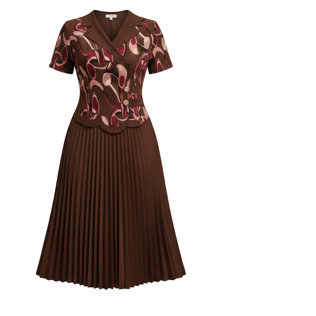 Ghost mannequin view of women's dark brown floral print V-neck pleated midi two-piece set