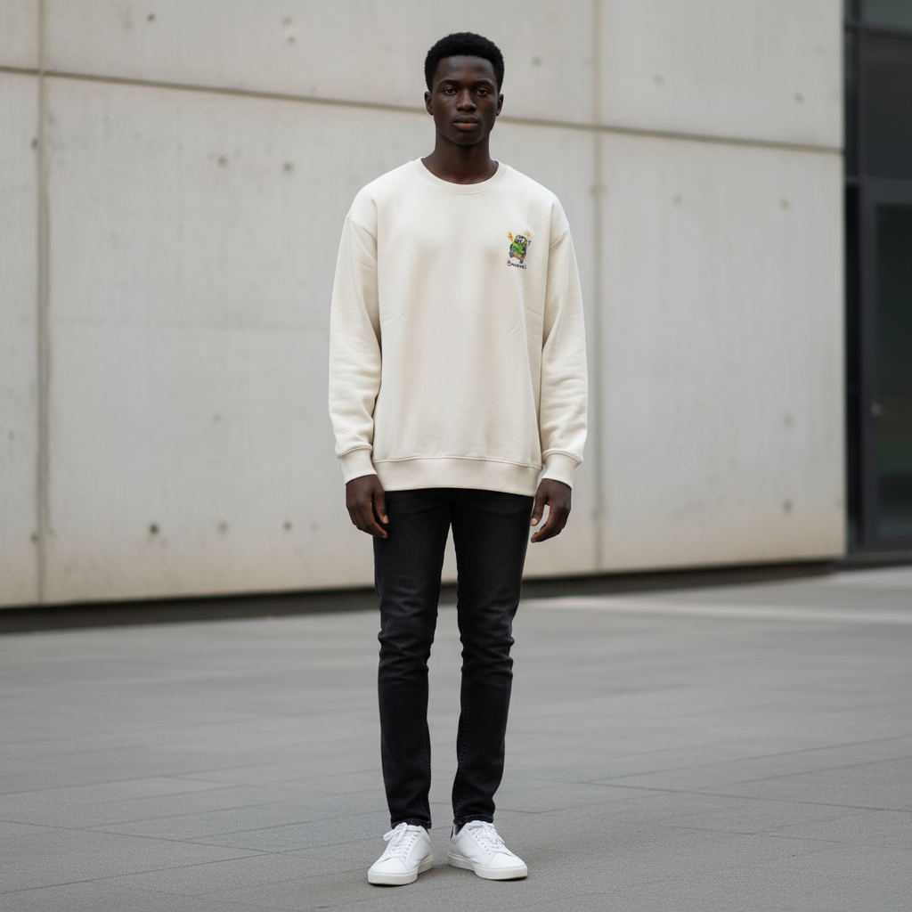 Male model wearing cream Monsters StreetTrend's sweatshirt front chest logo