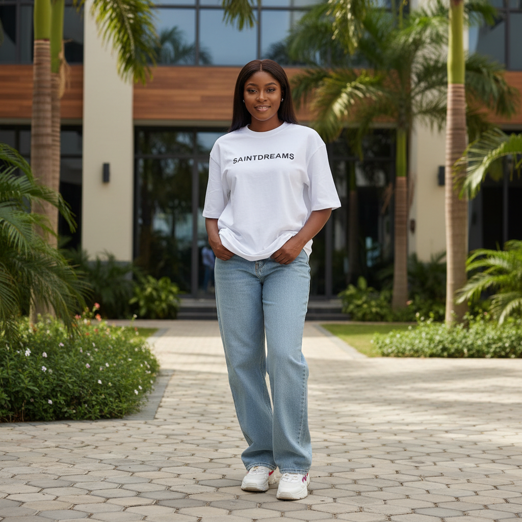 Nigerian female model wearing white Saintdreams faith graphic oversized tee – front view