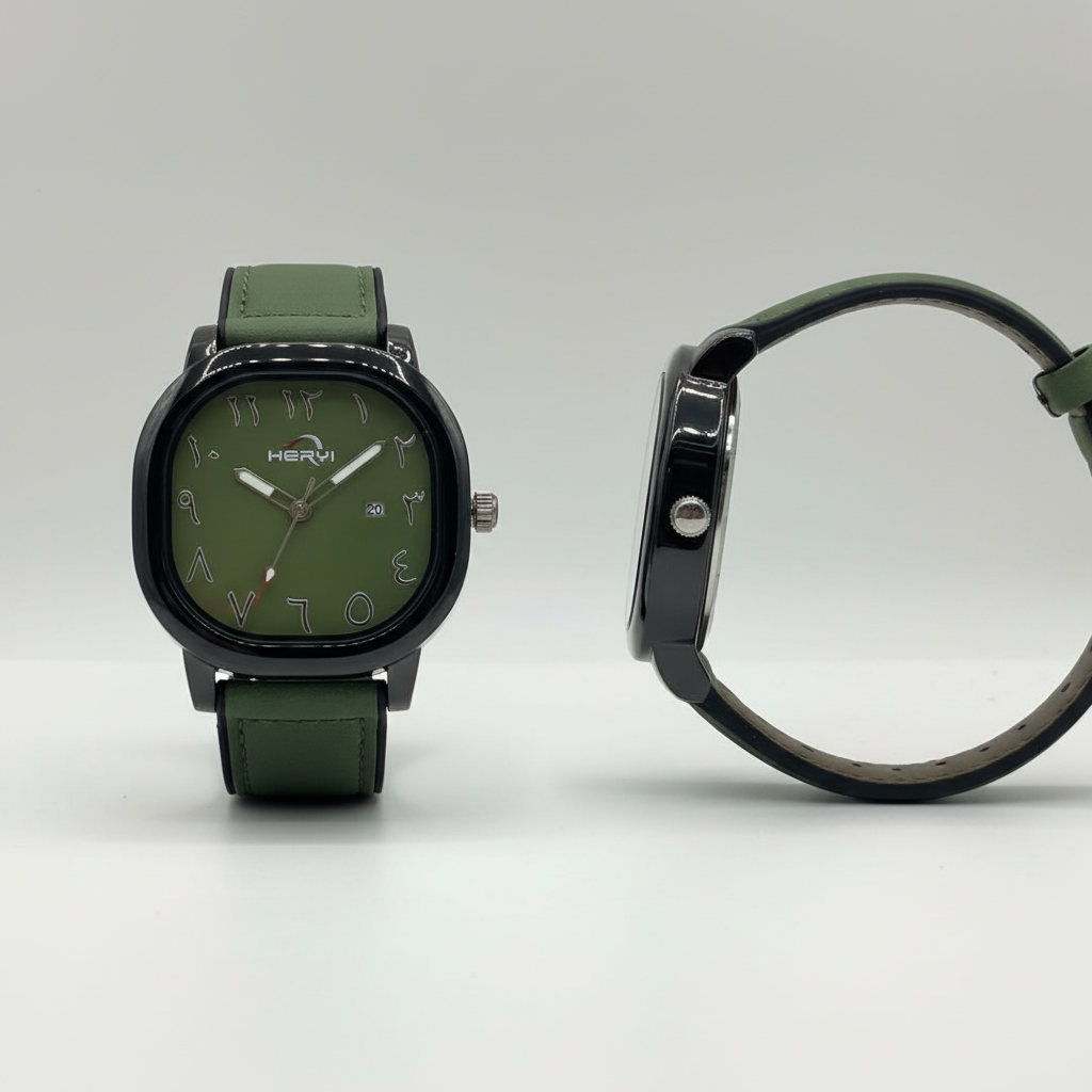 Olive-green dial watch with black case and green leather strap shown from the front and side