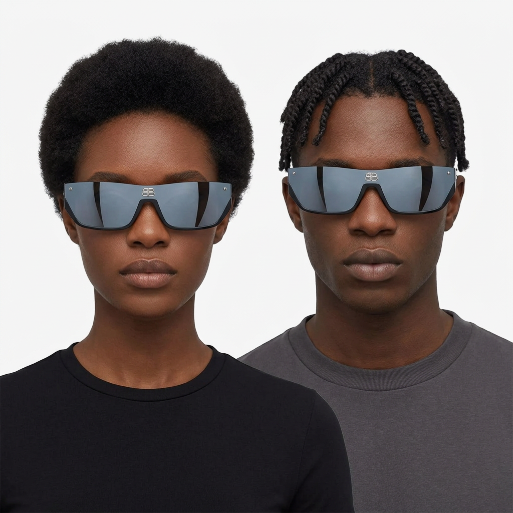 Black adult woman and man wearing black shield sunglasses with blue-grey reflective lenses