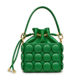 Green circle-appliqué bucket bag, front catalog view