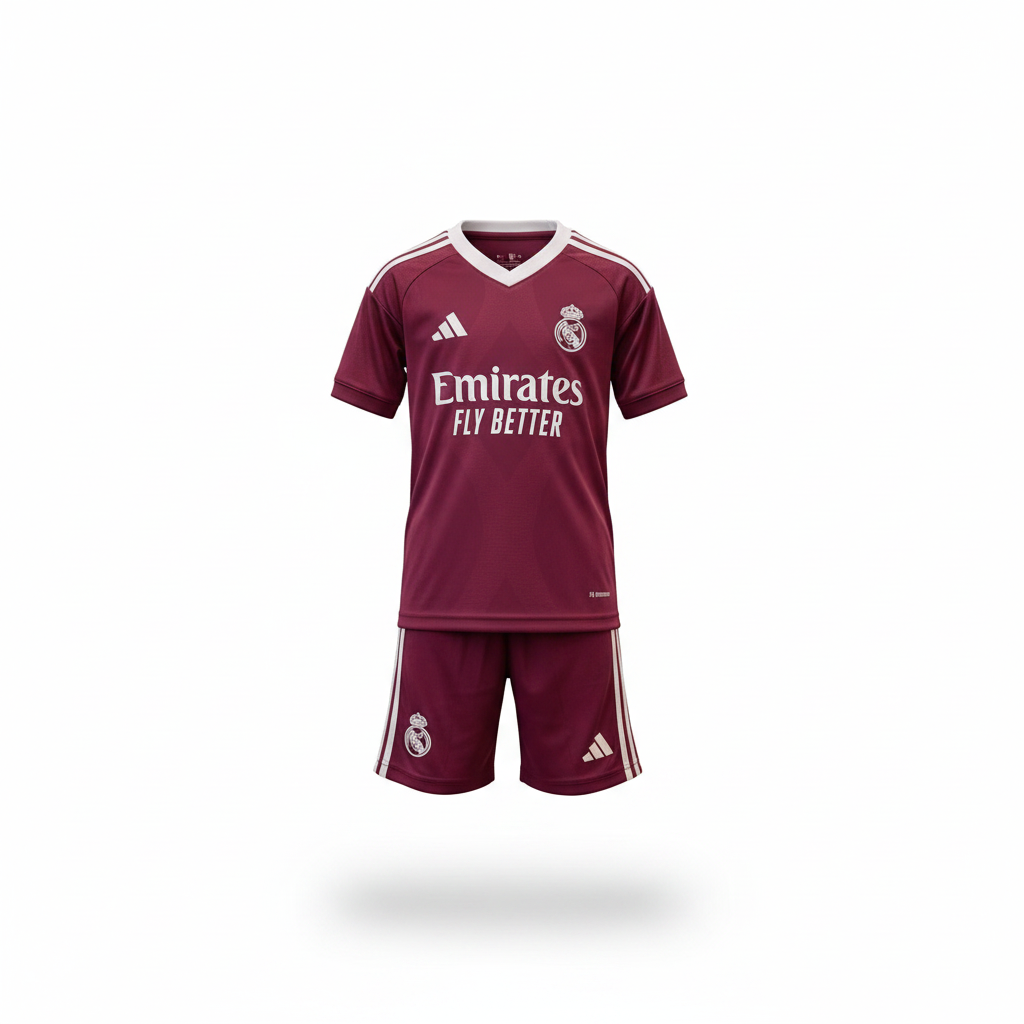 Burgundy kids football jersey and shorts ghost mannequin matched directly to the boy and girl model design